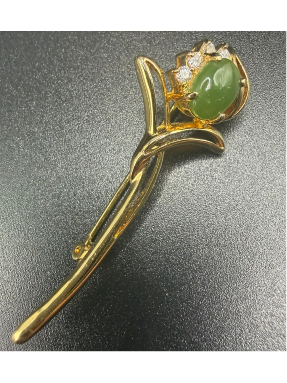 Gold Tone Flower Brooch Green Oval Cabochon Clear Accents Floral Pin